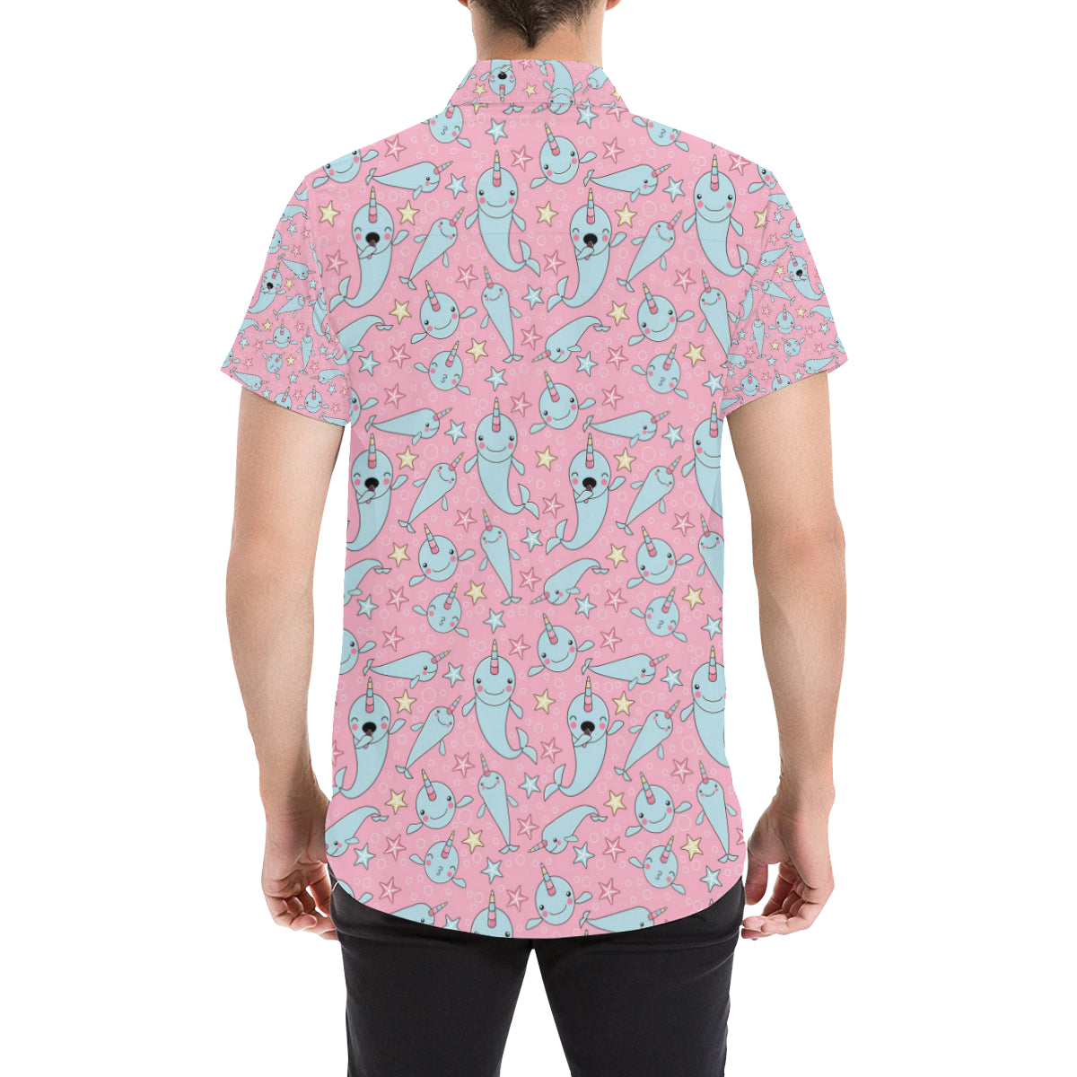 Narwhal Cartoon Cute Print Men's Short Sleeve Button Up Shirt