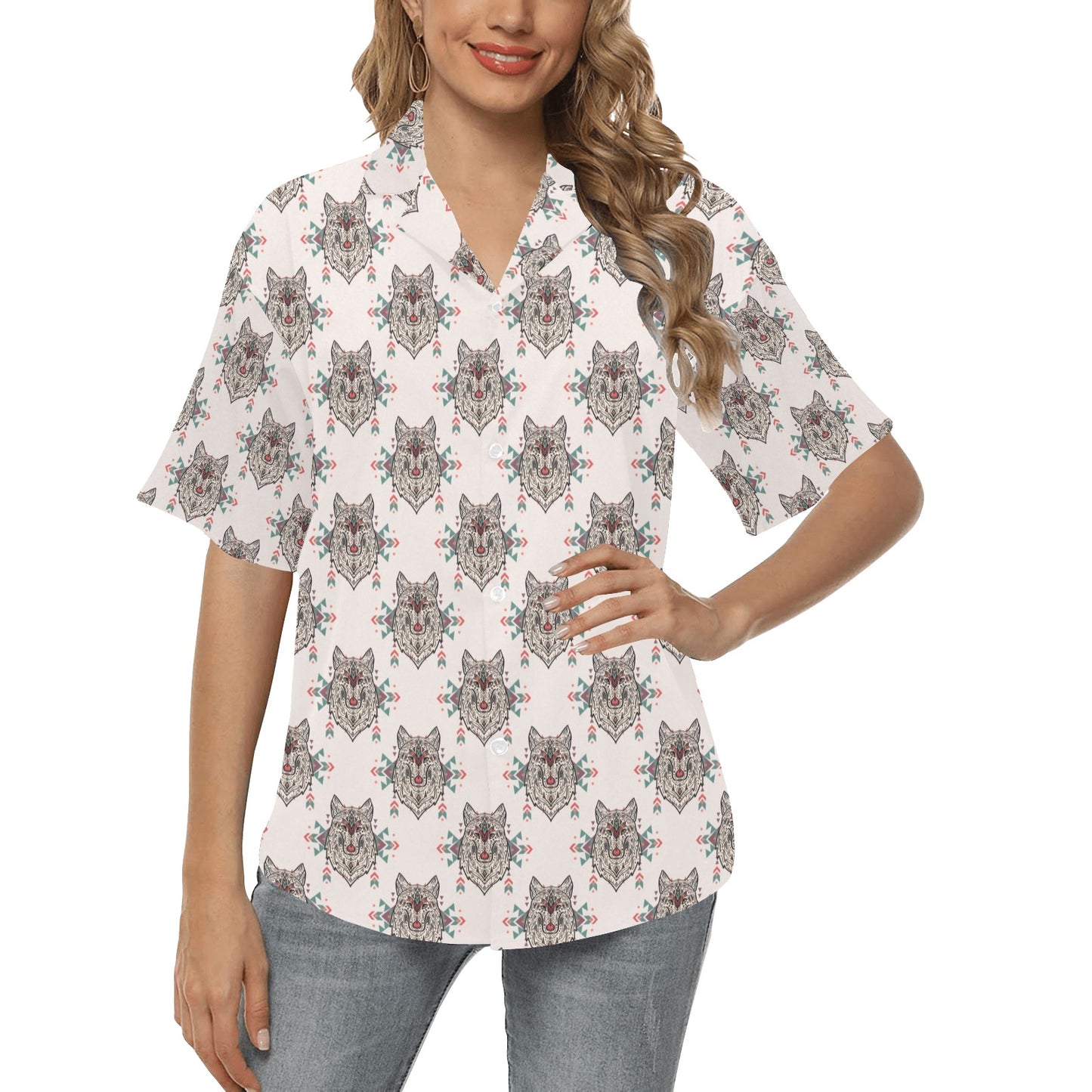 Aztec Wolf Pattern Print Design 01 Women's Hawaiian Shirt