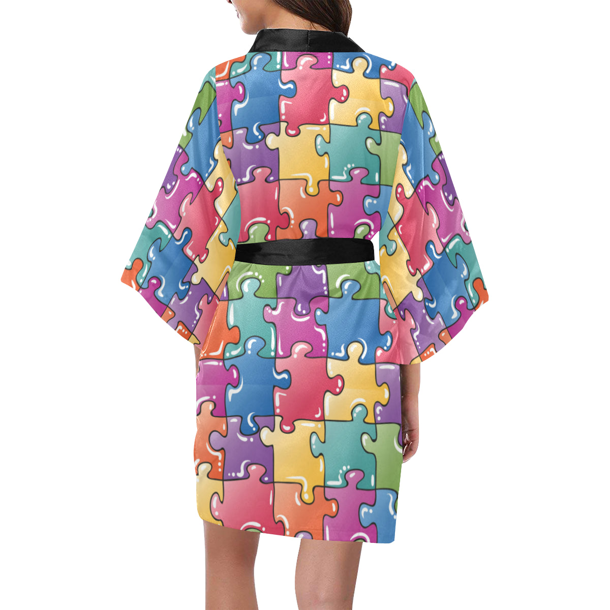 Puzzle Pattern Print Design A05 Women's Short Kimono