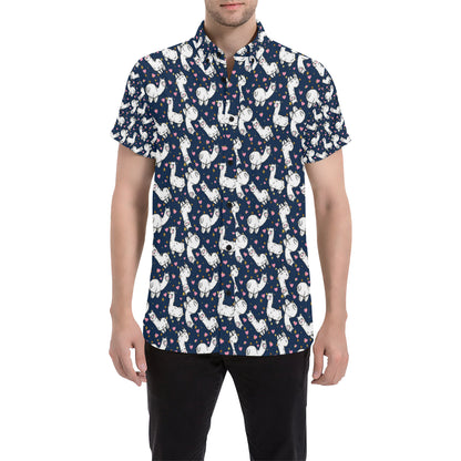 Alpaca Heart Star Design Themed Print Men's Short Sleeve Button Up Shirt