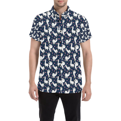 Alpaca Heart Star Design Themed Print Men's Short Sleeve Button Up Shirt