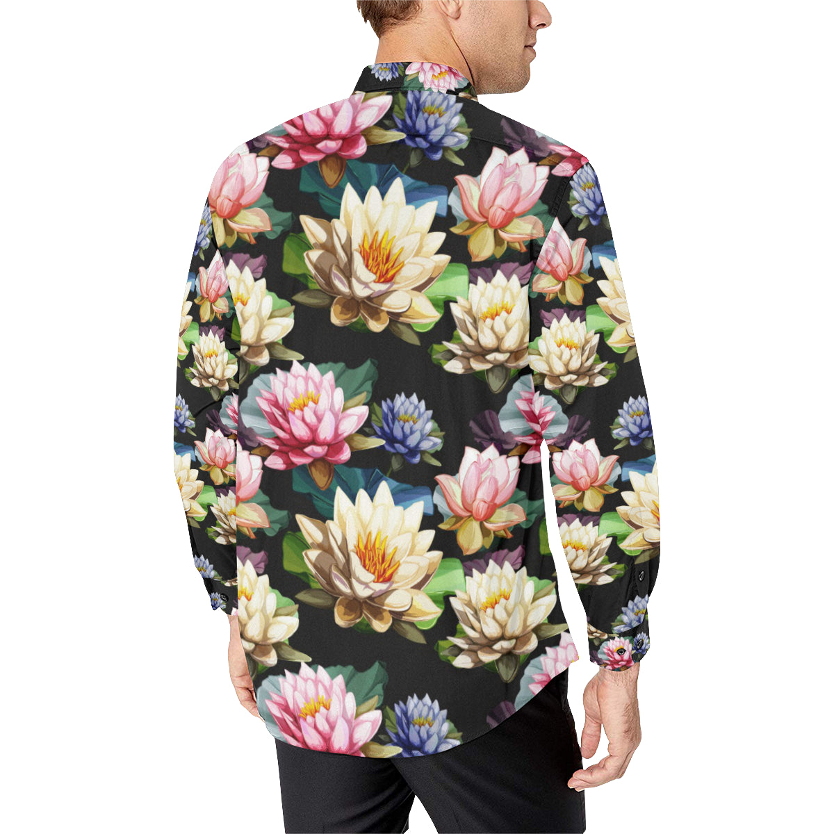 Water Lily Pattern Print Design WL02 Men's Long Sleeve Shirt