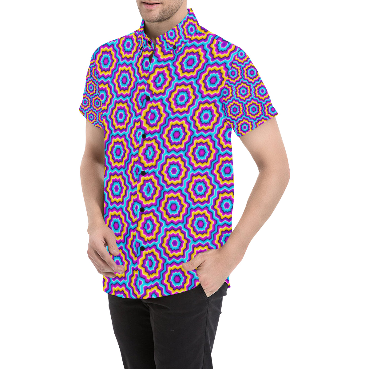 Optical illusion Techno Movement Men's Short Sleeve Button Up Shirt
