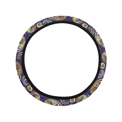 Paisley Blue Yellow Design Print Steering Wheel Cover with Elastic Edge