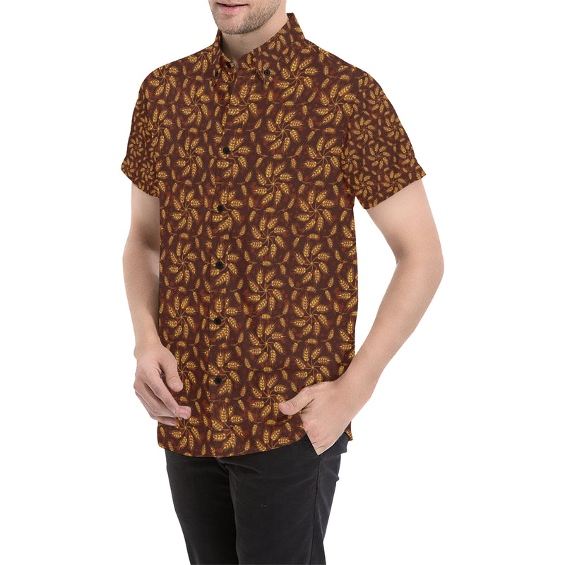 Agricultural Brown Wheat Print Pattern Men's Short Sleeve Button Up Shirt