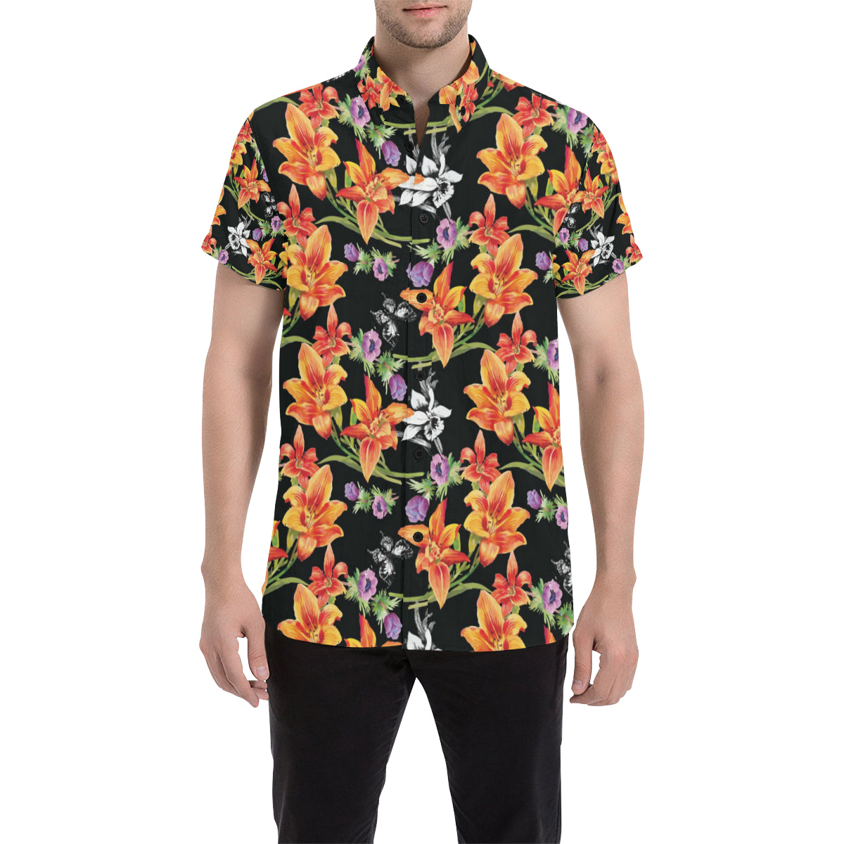 Tropical Flower Pattern Print Design TF02 Men's Short Sleeve Button Up Shirt