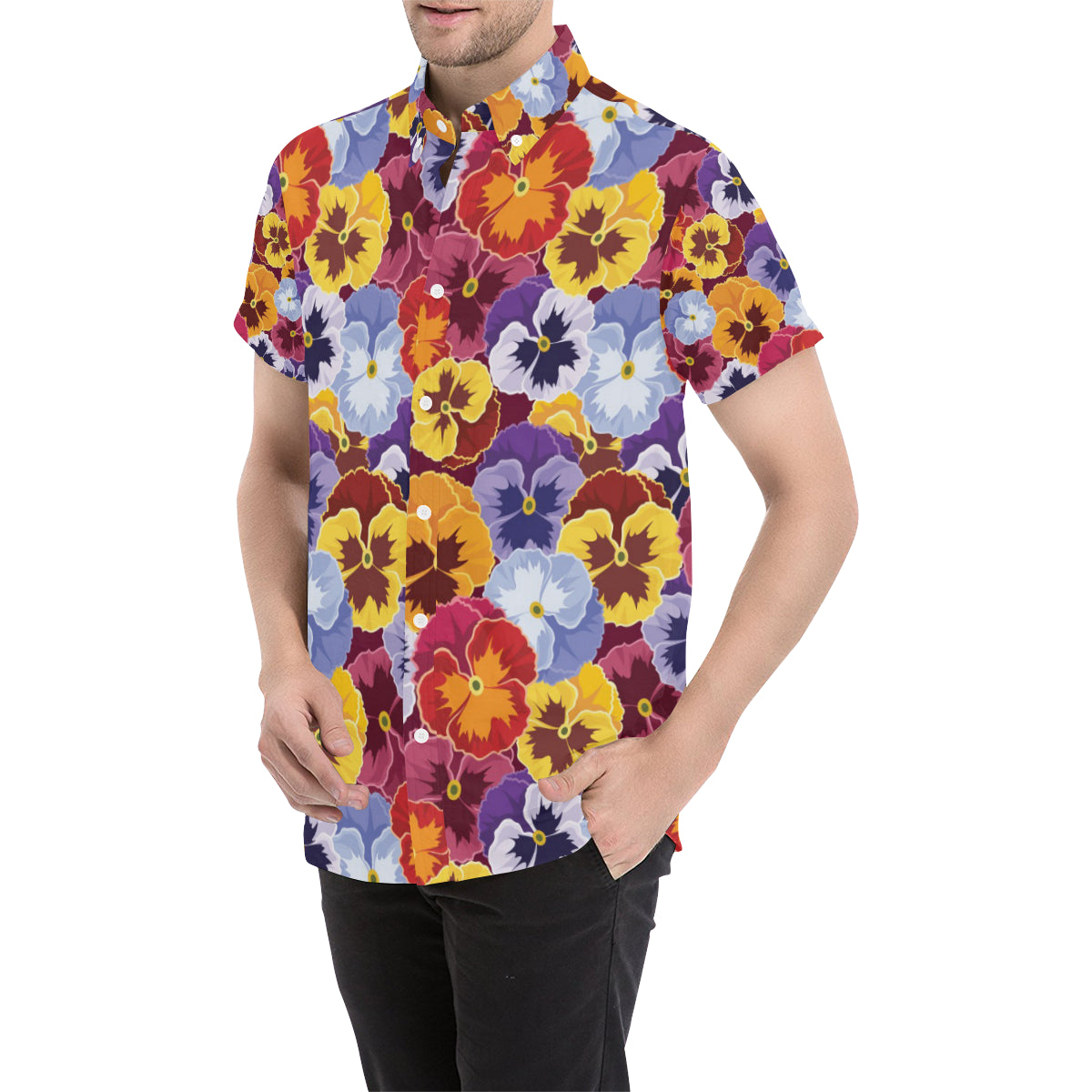 Pansy Pattern Print Design PS01 Men's Short Sleeve Button Up Shirt