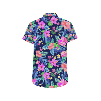 Neon Hibiscus Pattern Print Design HB016 Men's Short Sleeve Button Up Shirt