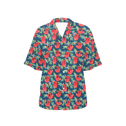 Sloth Red Design Themed Print Women's Hawaiian Shirt