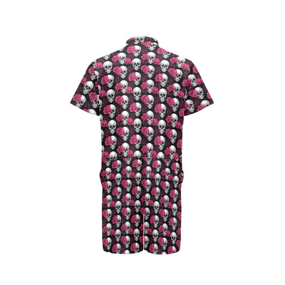 Pink Rose Skull Themed Print Men's Romper