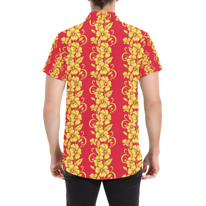 Orange Hibiscus Pattern Print Design HB018 Men's Short Sleeve Button Up Shirt