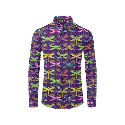 Dragonfly Neon Color Print Pattern Men's Long Sleeve Shirt