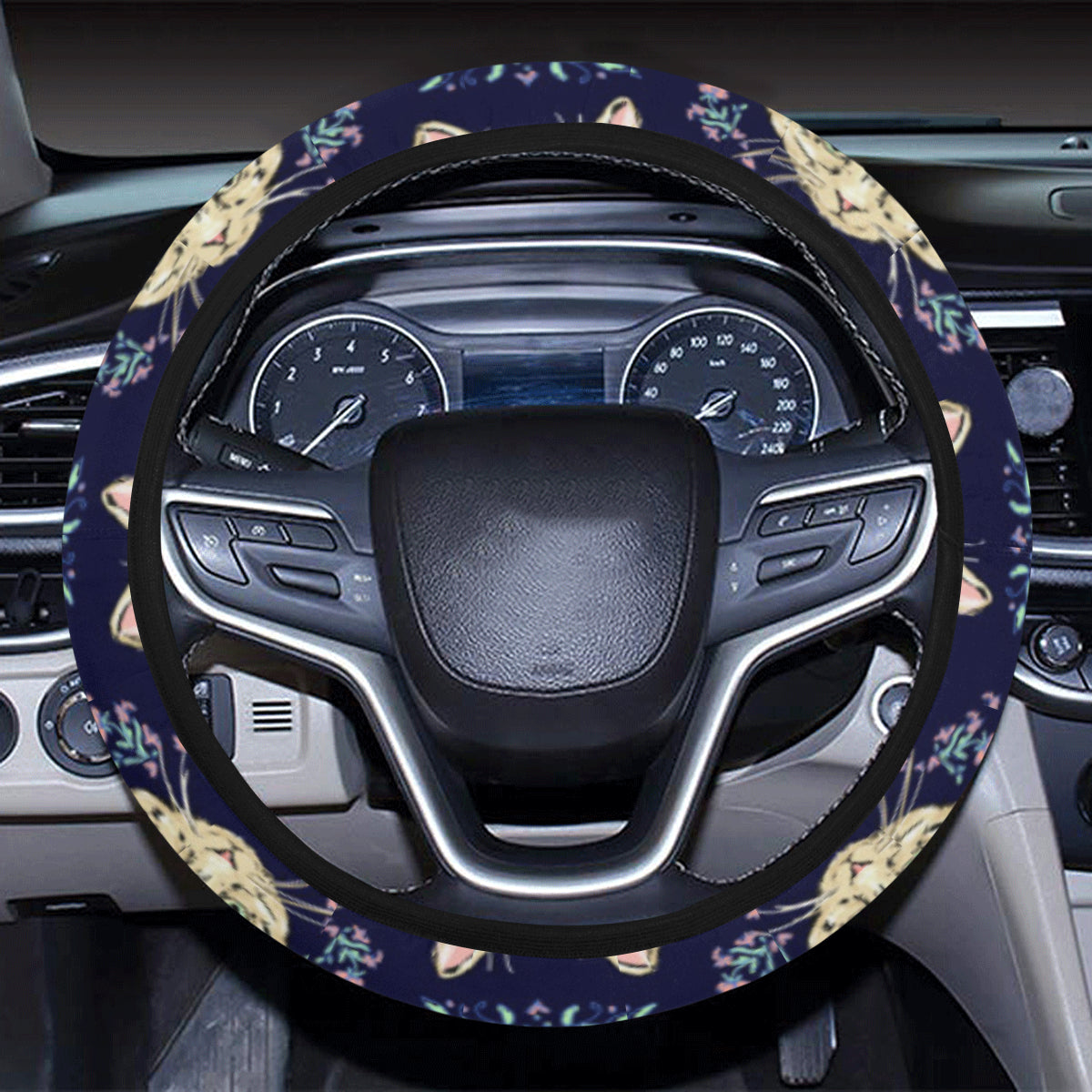 Cat Head with flower Print Pattern Steering Wheel Cover with Elastic Edge