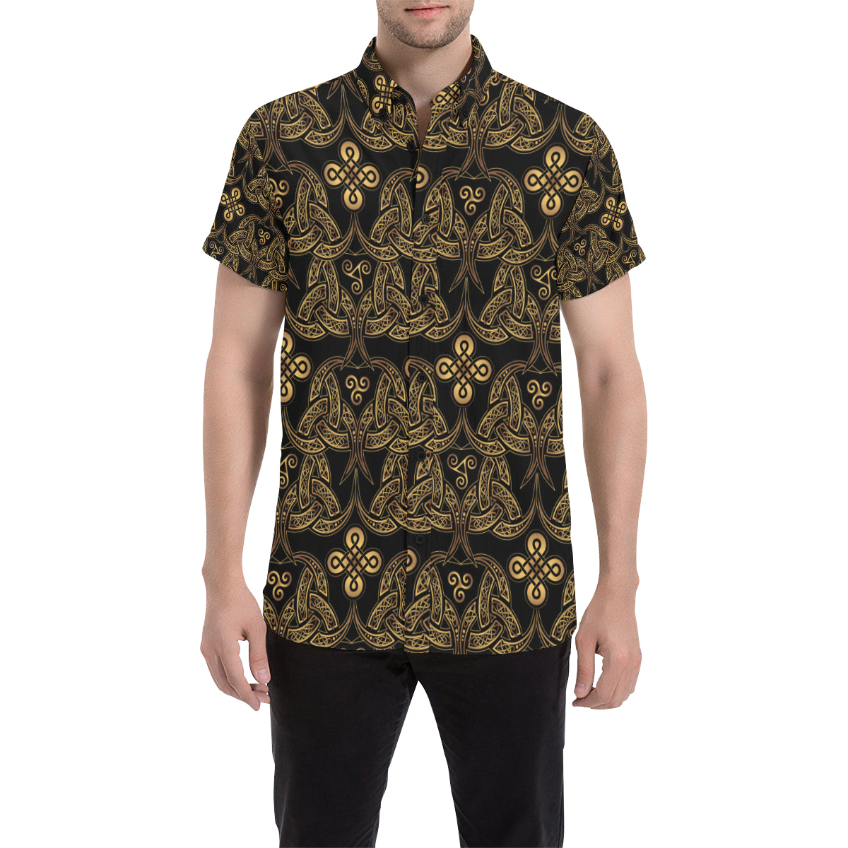 Celtic Knot Gold Design Men's Short Sleeve Button Up Shirt