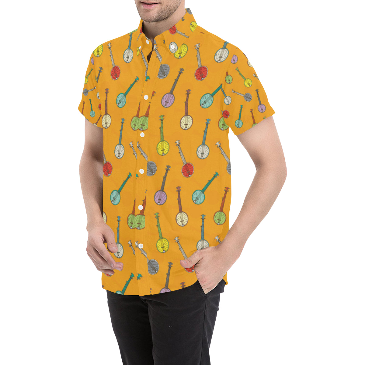 Banjo Pattern Print Design 02 Men's Short Sleeve Button Up Shirt