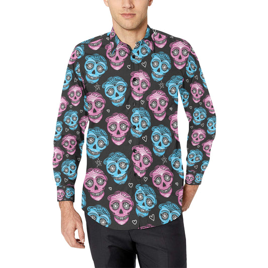 Day of the Dead Skull Print Pattern Men's Long Sleeve Shirt