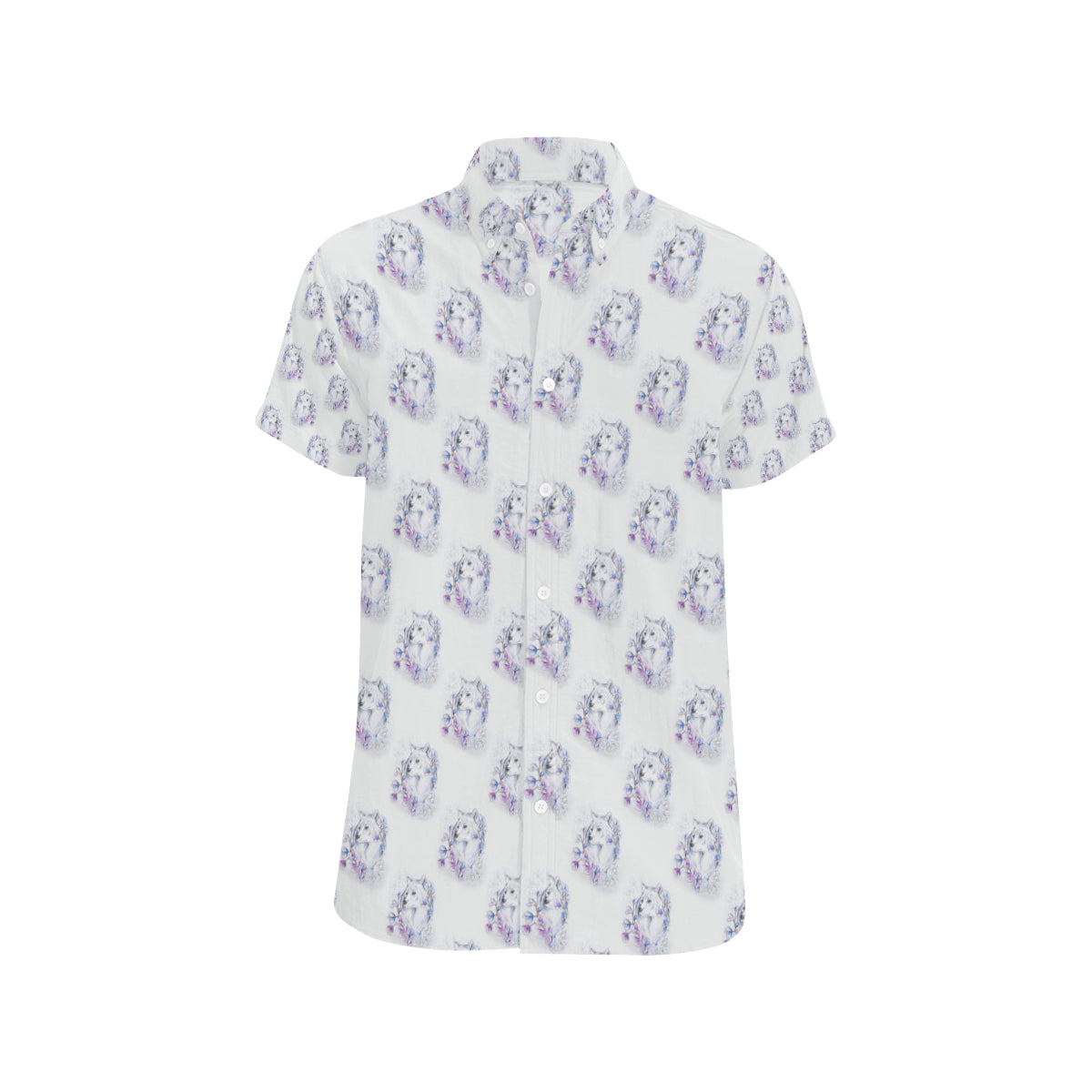 Wolf with Flower Print Design Men's Short Sleeve Button Up Shirt