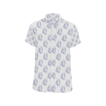 Wolf with Flower Print Design Men's Short Sleeve Button Up Shirt