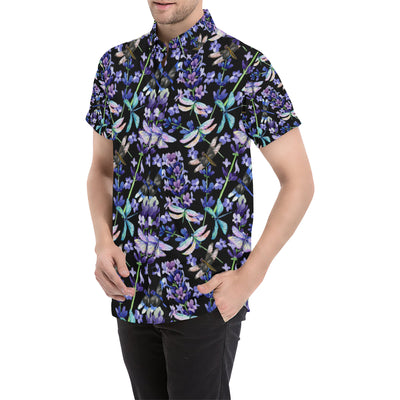 Lavender Dragonfly Pattern Print Design LV03 Men's Short Sleeve Button Up Shirt