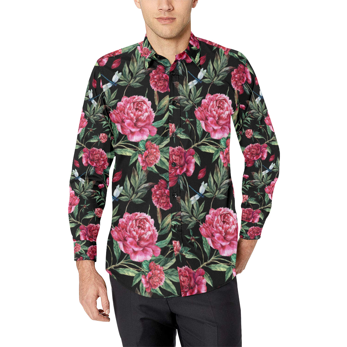 Peony Pattern Print Design PE04 Men's Long Sleeve Shirt