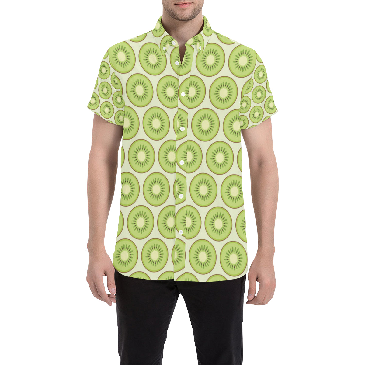 Kiwi Pattern Print Design KW02 Men's Short Sleeve Button Up Shirt