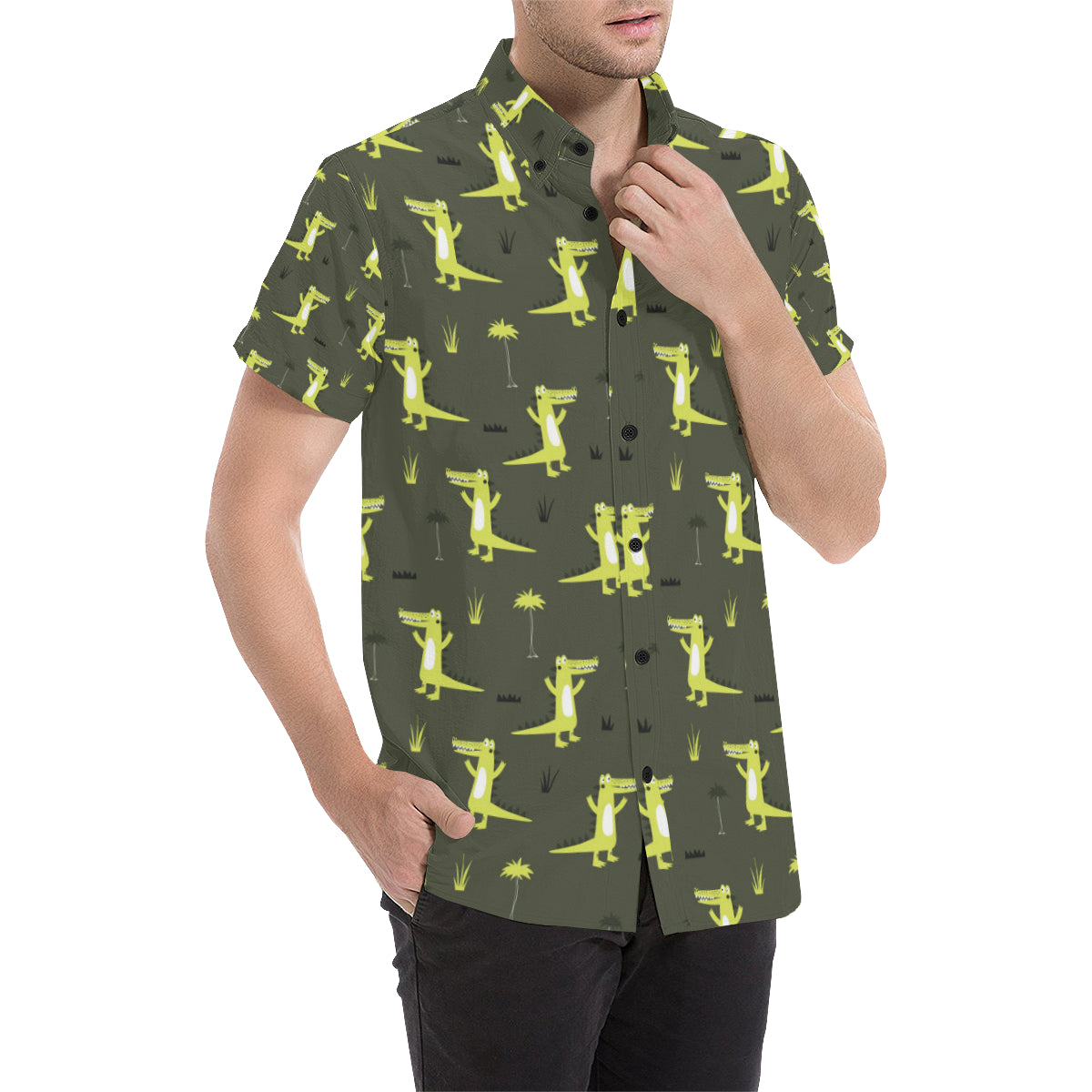 Alligator Pattern Print Design 05 Men's Short Sleeve Button Up Shirt