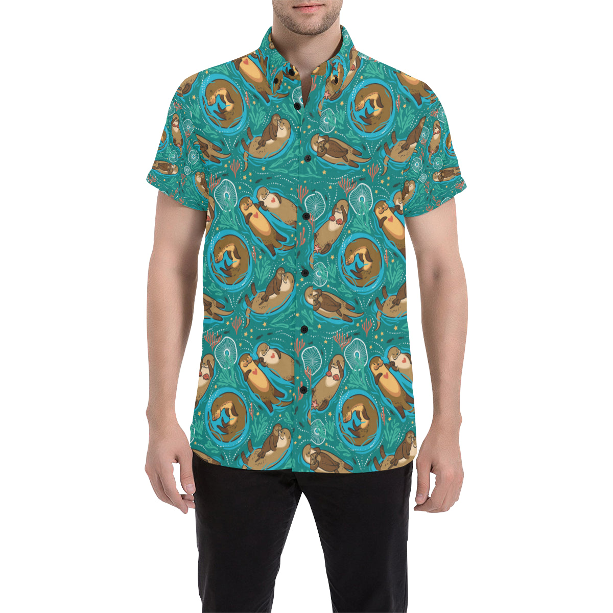 Sea Otter Pattern Print Design 01 Men's Short Sleeve Button Up Shirt