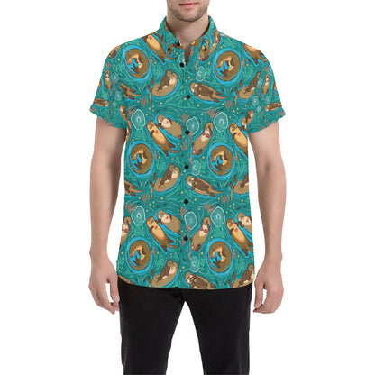 Sea Otter Pattern Print Design 01 Men's Short Sleeve Button Up Shirt
