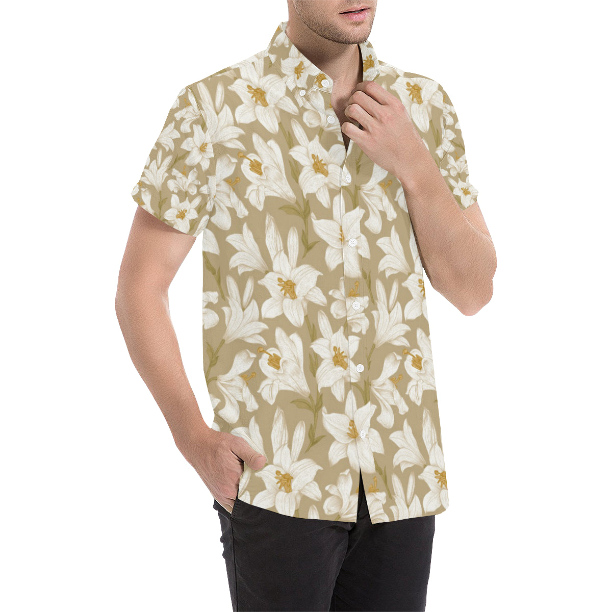 Lily Pattern Print Design LY07 Men's Short Sleeve Button Up Shirt