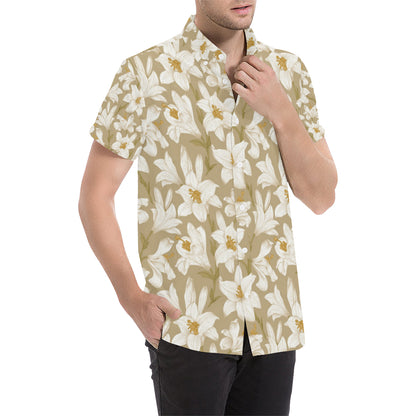 Lily Pattern Print Design LY07 Men's Short Sleeve Button Up Shirt