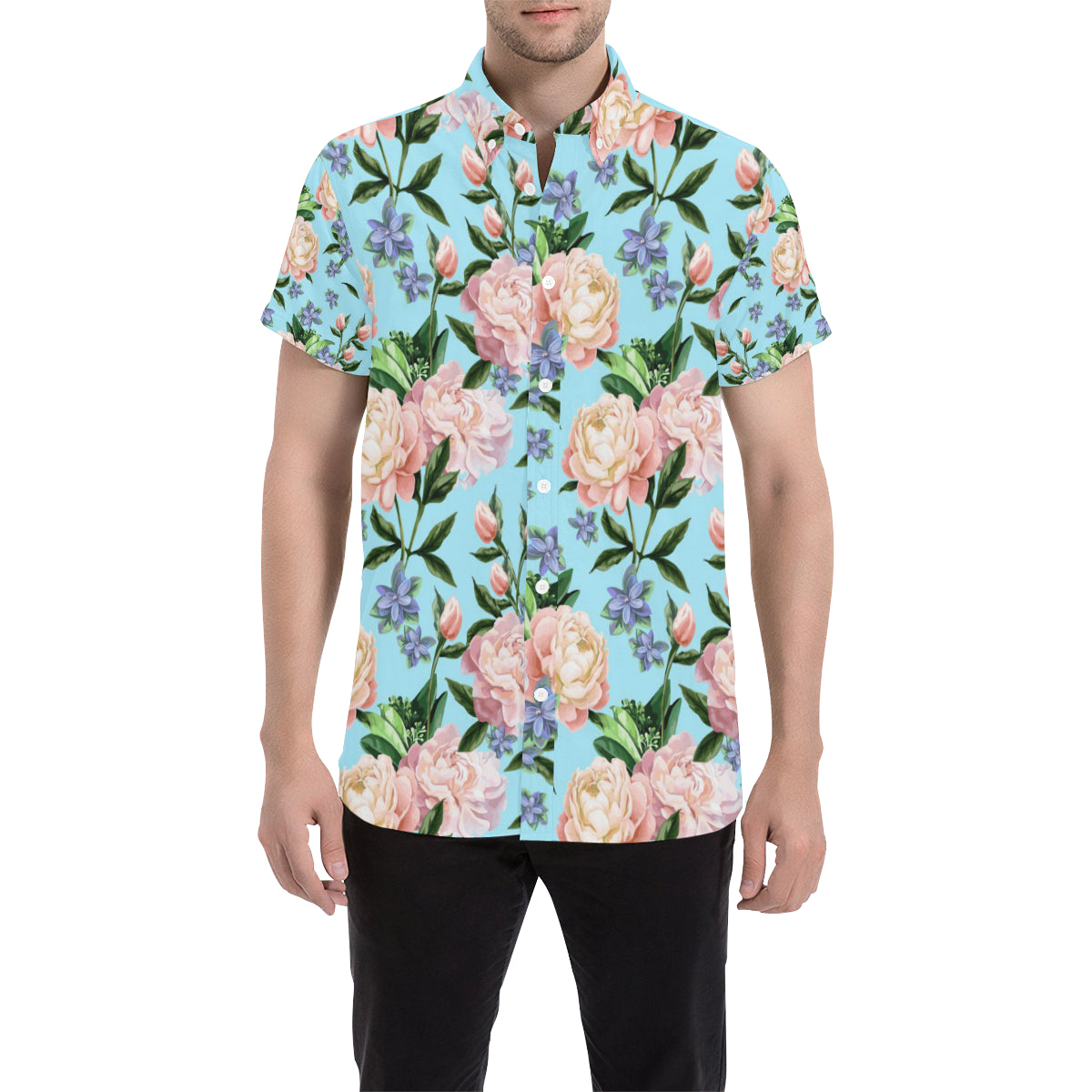 Peony Pattern Print Design PE02 Men's Short Sleeve Button Up Shirt