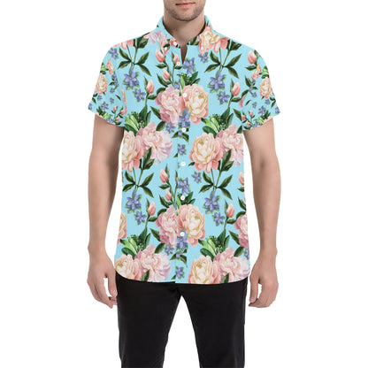Peony Pattern Print Design PE02 Men's Short Sleeve Button Up Shirt