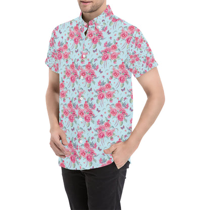 Camellia Pattern Print Design 01 Men's Short Sleeve Button Up Shirt