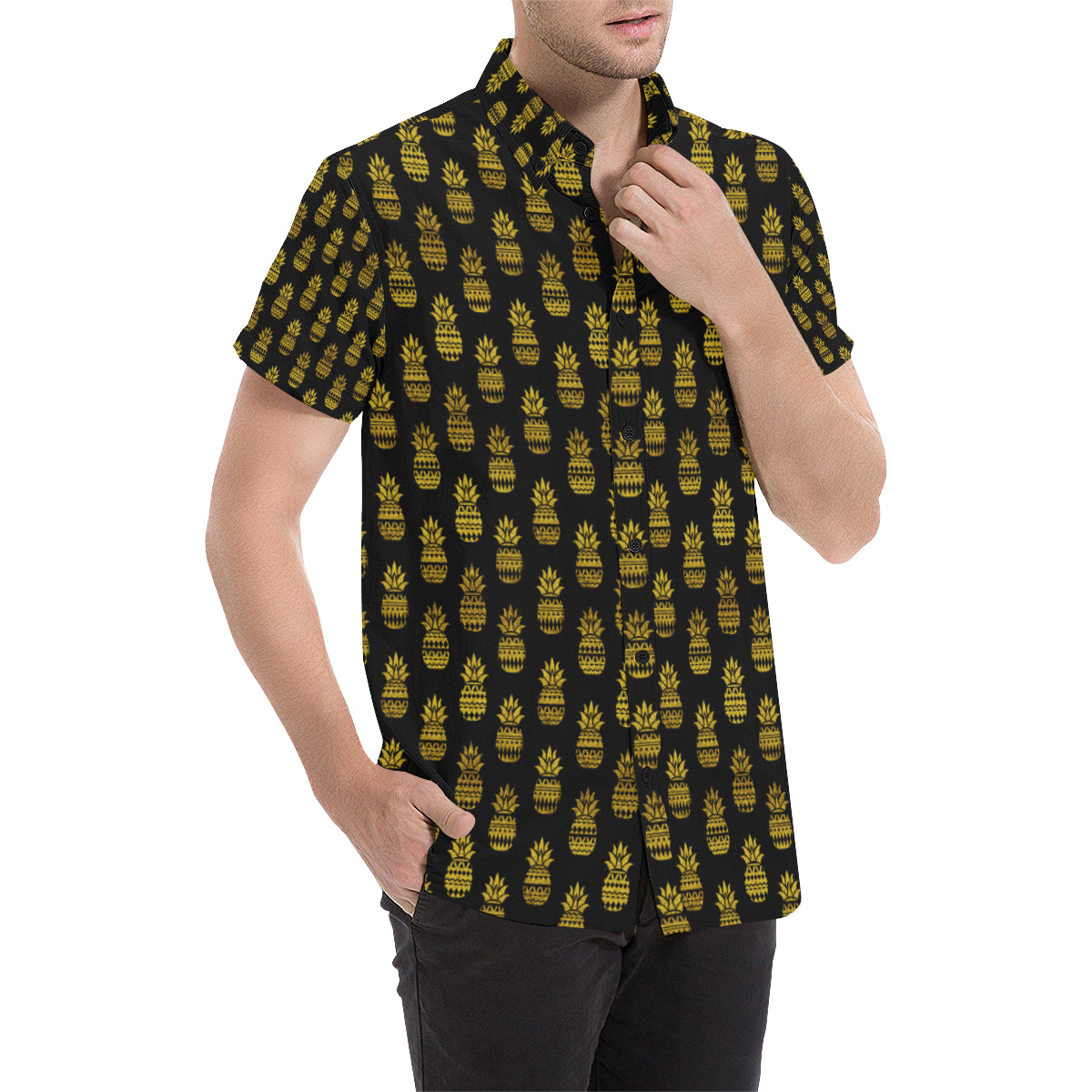 Pineapple Gold Tribal Style Print Men's Short Sleeve Button Up Shirt