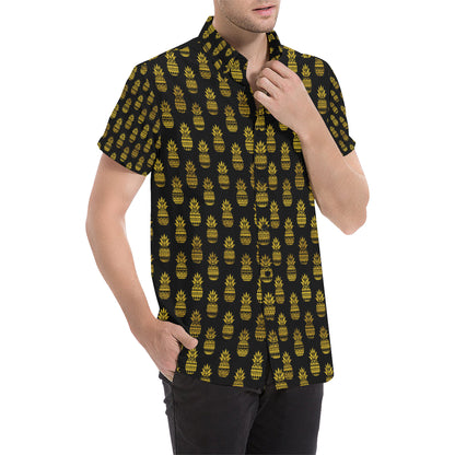 Pineapple Gold Tribal Style Print Men's Short Sleeve Button Up Shirt