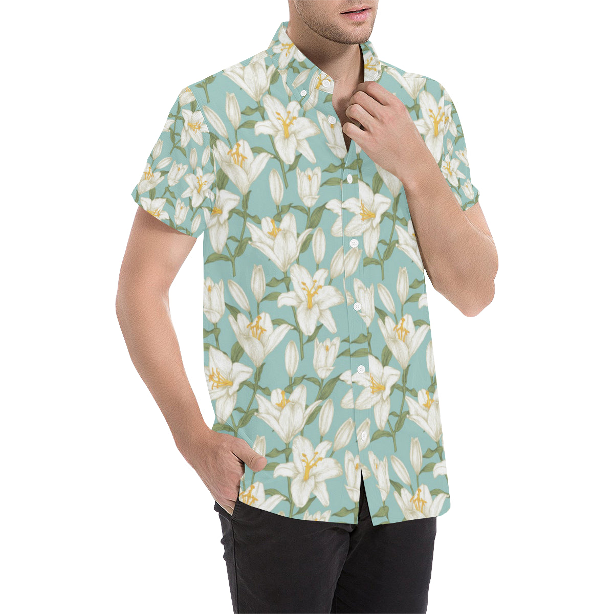 Lily Pattern Print Design LY09 Men's Short Sleeve Button Up Shirt