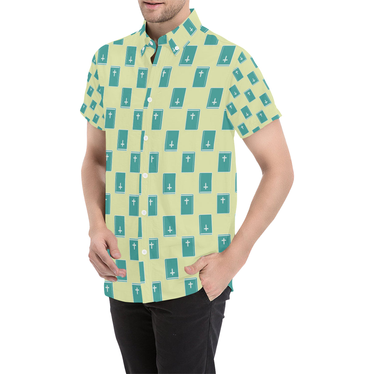 Bible Pattern Print Design 04 Men's Short Sleeve Button Up Shirt