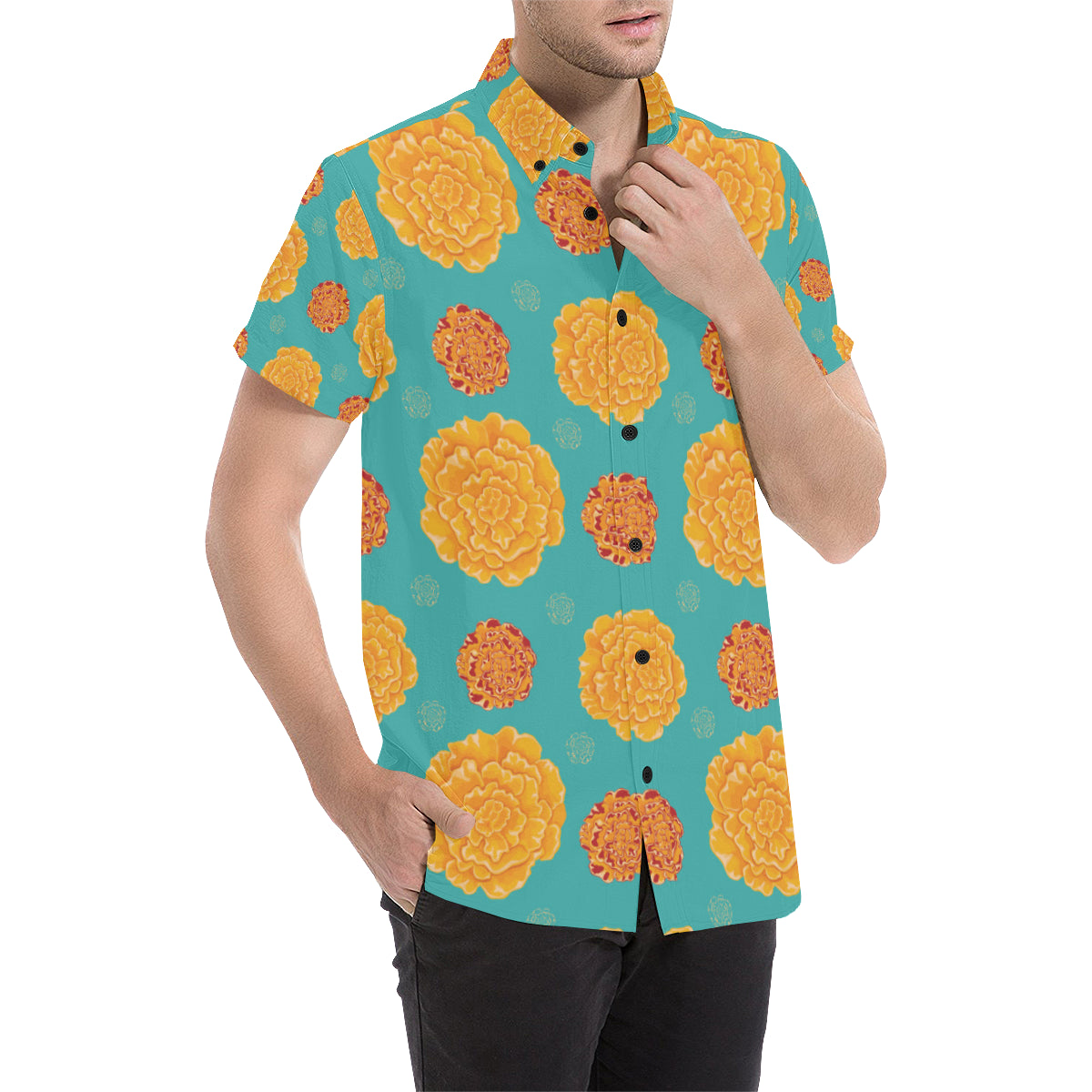 Marigold Pattern Print Design 02 Men's Short Sleeve Button Up Shirt