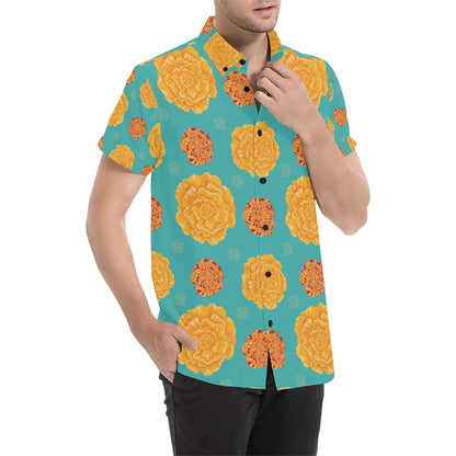 Marigold Pattern Print Design 02 Men's Short Sleeve Button Up Shirt
