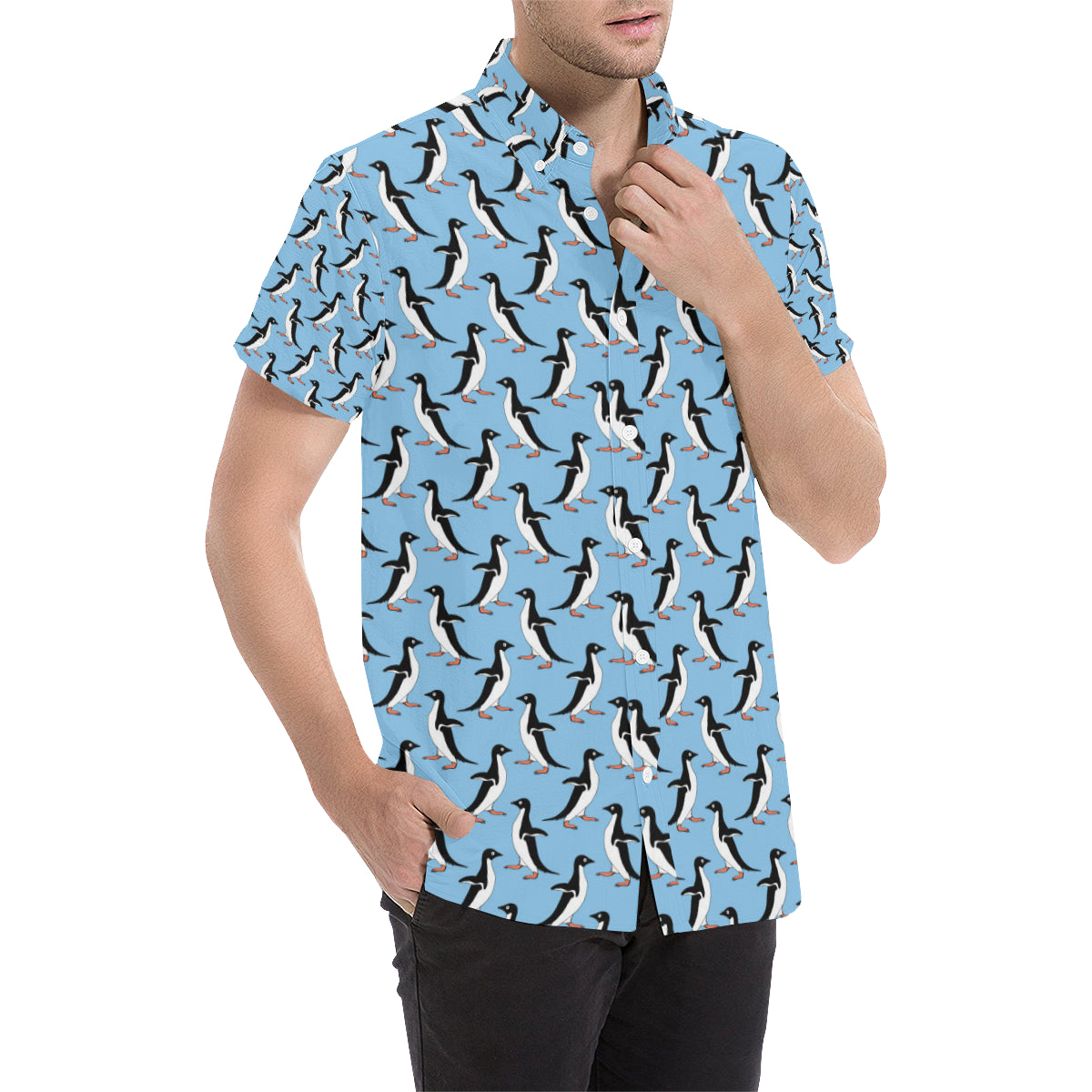 Penguin Dance Pattern Men's Short Sleeve Button Up Shirt