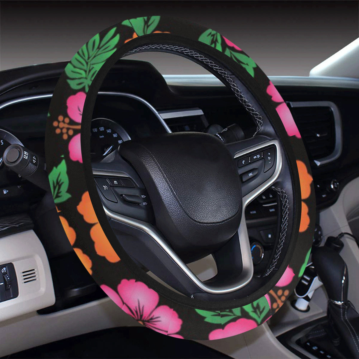 Hibiscus Pattern Print Design HB029 Steering Wheel Cover with Elastic Edge