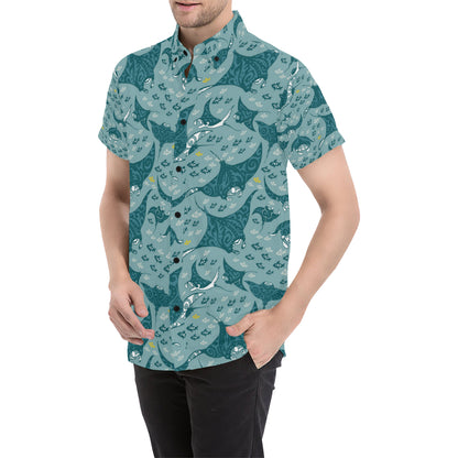 Manta Ray Tribal Pattern Print Design 03 Men's Short Sleeve Button Up Shirt