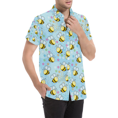 Bee Pattern Print Design BEE03 Men's Short Sleeve Button Up Shirt
