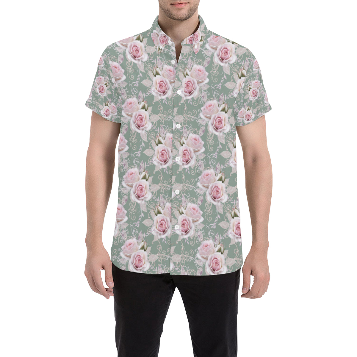 Rose White Pattern Print Design RO012 Men's Short Sleeve Button Up Shirt