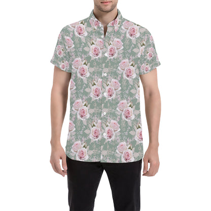 Rose White Pattern Print Design RO012 Men's Short Sleeve Button Up Shirt