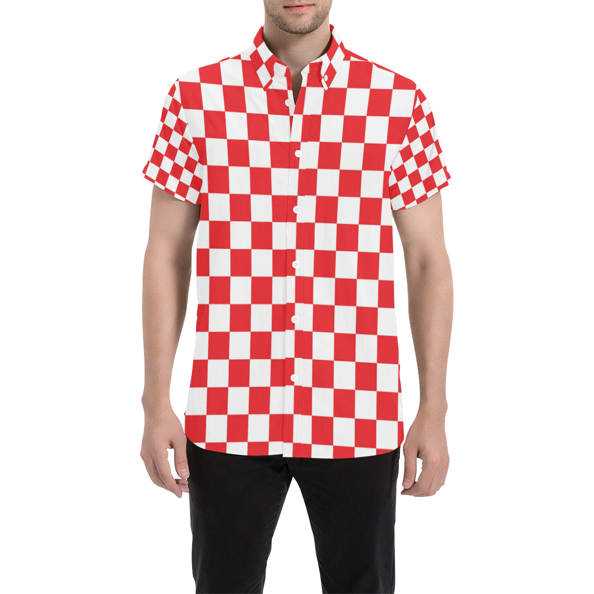Checkered Red Pattern Print Design 04 Men's Short Sleeve Button Up Shirt