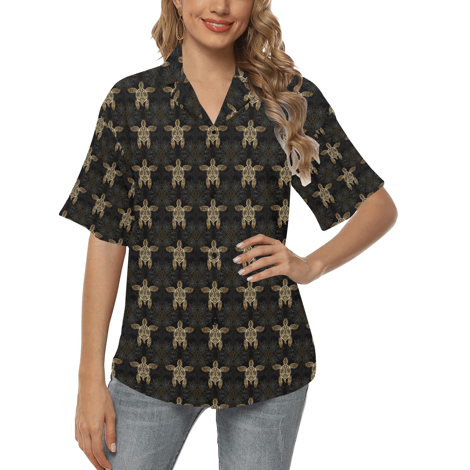 Gold Tribal Turtle Polynesian Design Women's Hawaiian Shirt