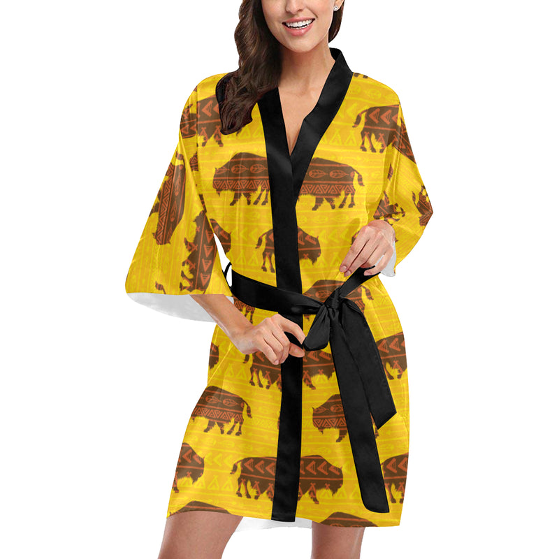 Bison Native Pattern Print Design 01 Women's Short Kimono