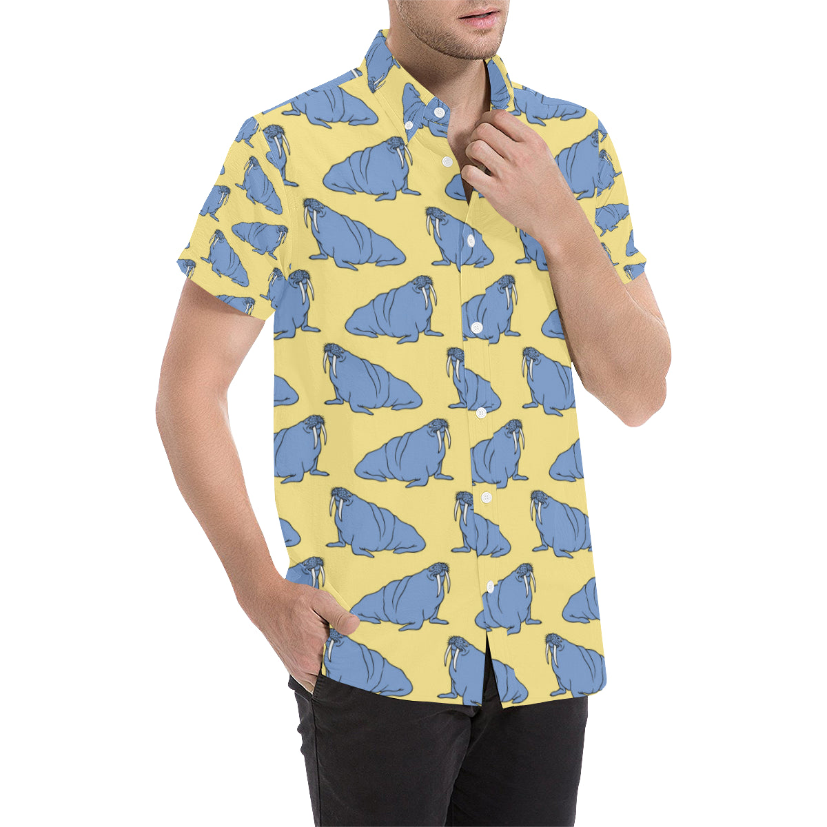 Walrus Pattern Print Design 02 Men's Short Sleeve Button Up Shirt