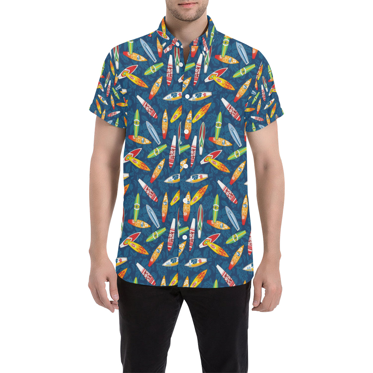 Surfboard Pattern Print Men's Short Sleeve Button Up Shirt